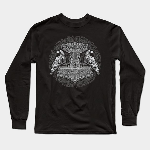 Viking Thors Raven Hammer Norse Mjolnir Pagan Knotwork Ravens Long Sleeve T-Shirt by Blue Pagan